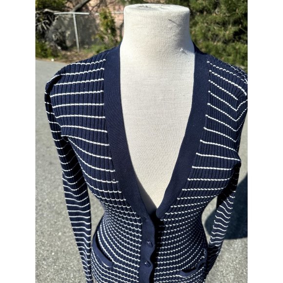 Lauren Ralph Lauren Sweater Blue White Striped Cardigan Nautical Ribbed Womens - Picture 4 of 16